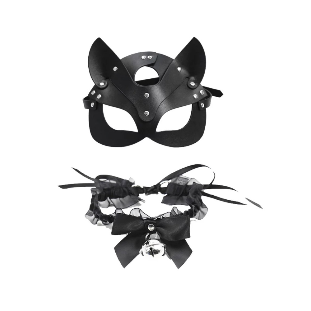 Black Leather Masquerade Mask & Choker Set